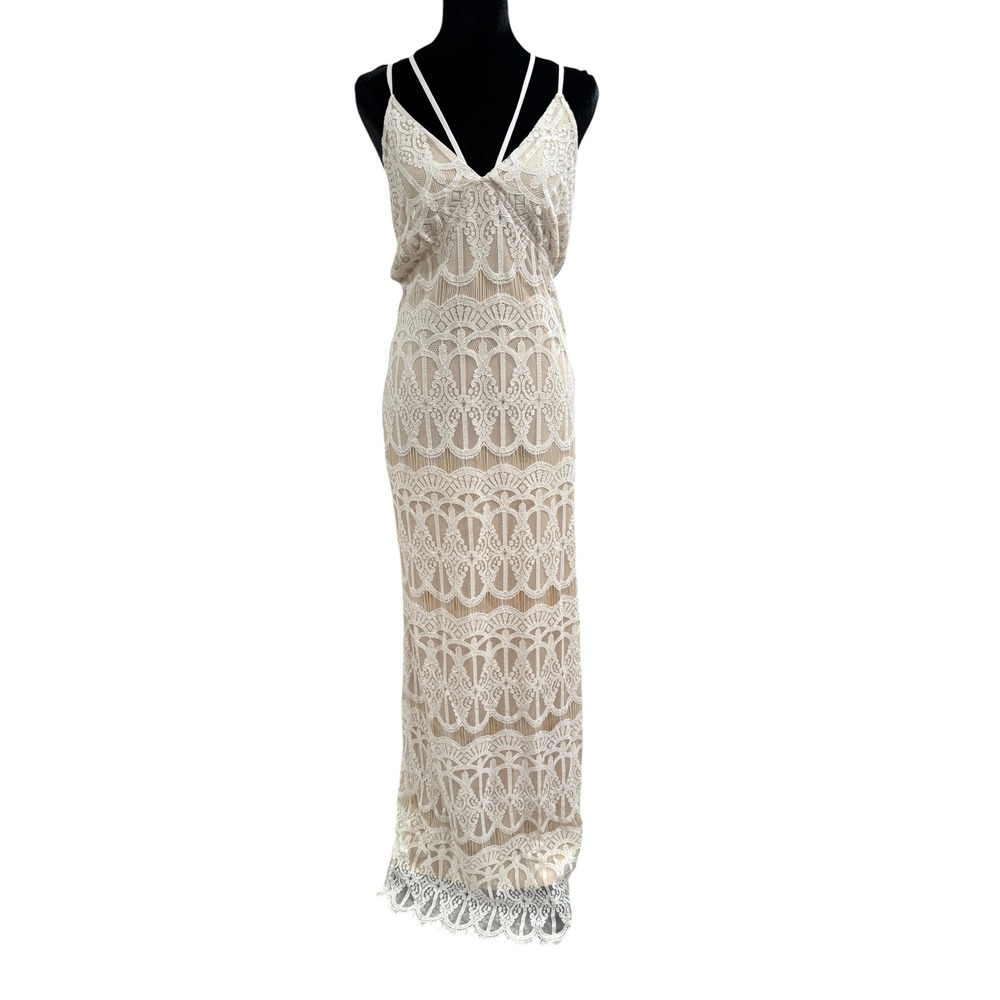 Lioness Women White Lace Nude Lining Maxi Dress‎ V-Neck Thin Strap Size L NWT